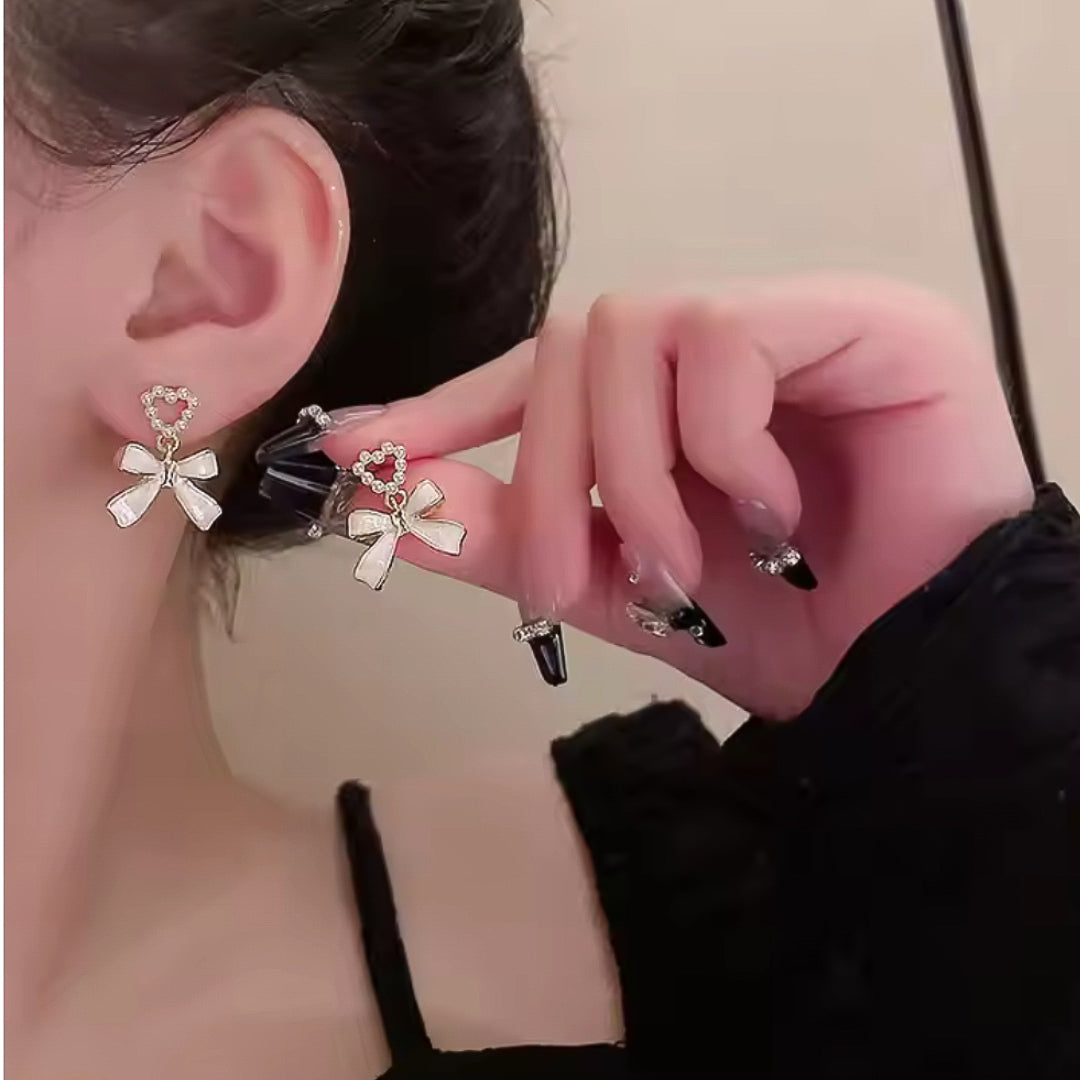 White Heart with Bow Earrings