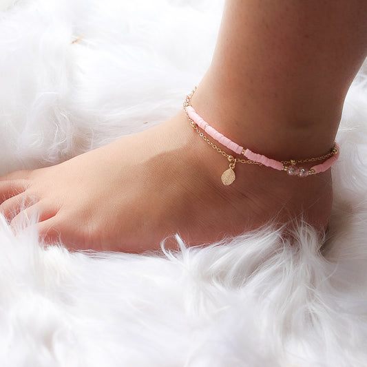 Pink Leaf Charm Anklet