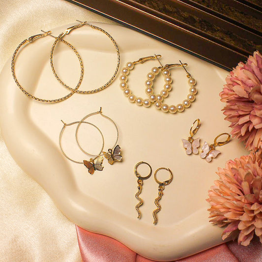 Set Of 5 Earrings (Golden and White)