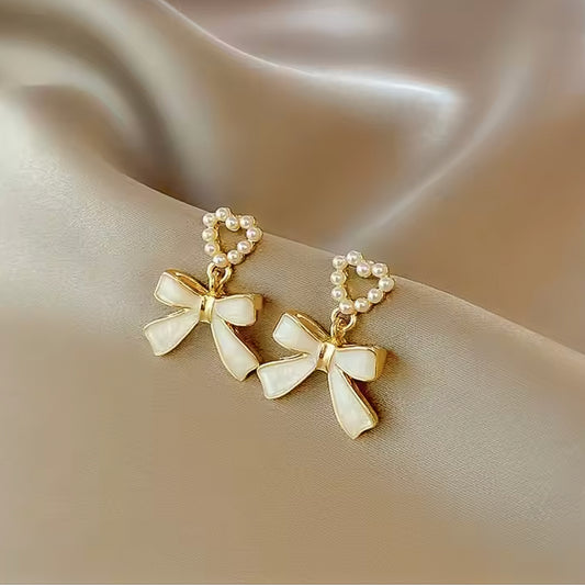 White Heart with Bow Earrings